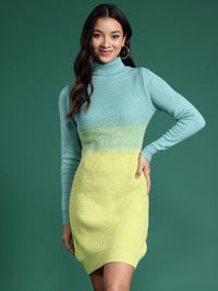 DressBerry Full Sleeves High Neck Colourblocked Mini Sweater Dress