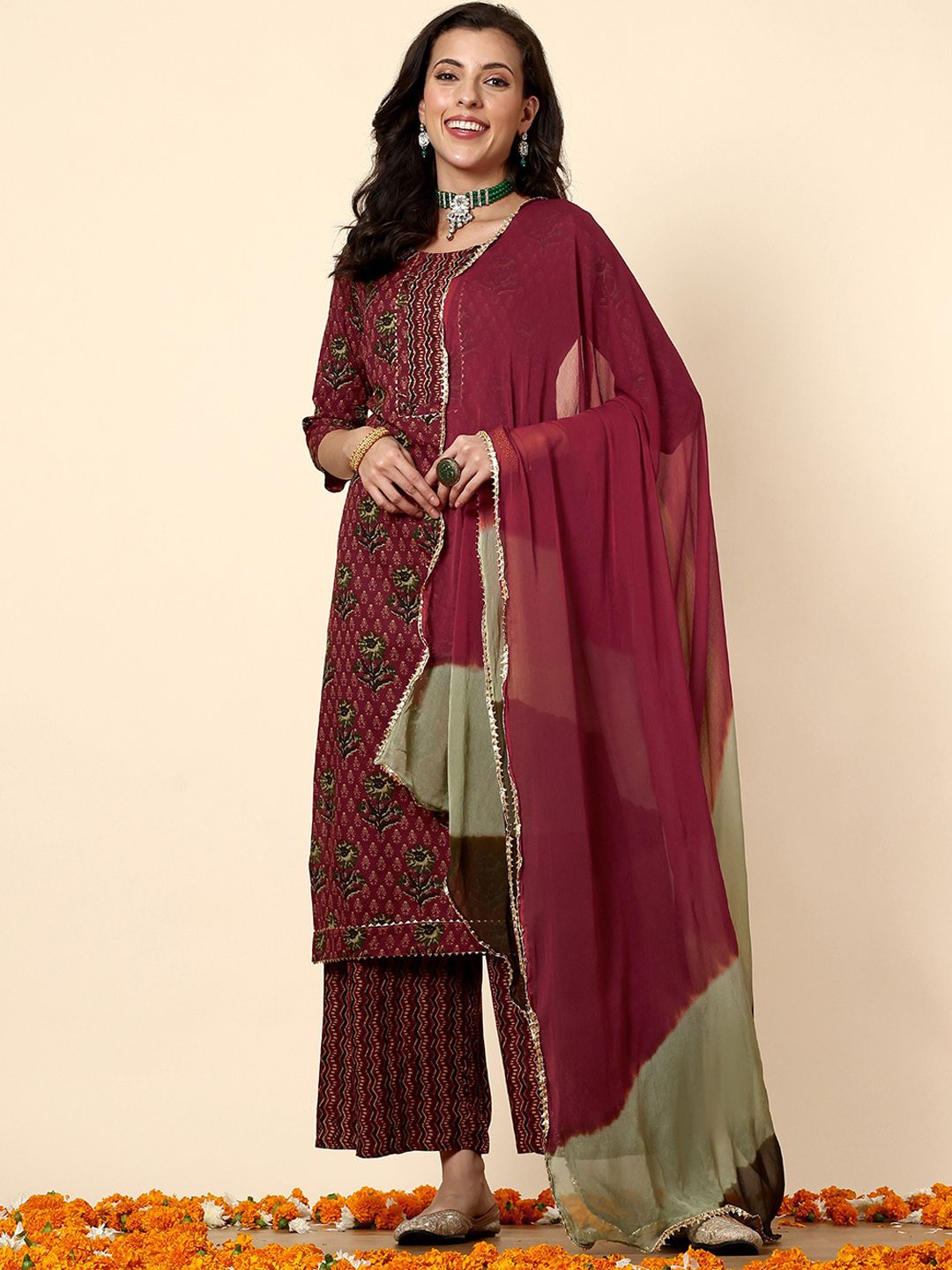 Anouk Maroon & Green Ethnic Printed Pure Cotton Straight Kurta With Palazzos & Dupatta