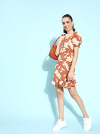 Berrylush Brown & White Floral Tie-Up Neck A-Line Dress