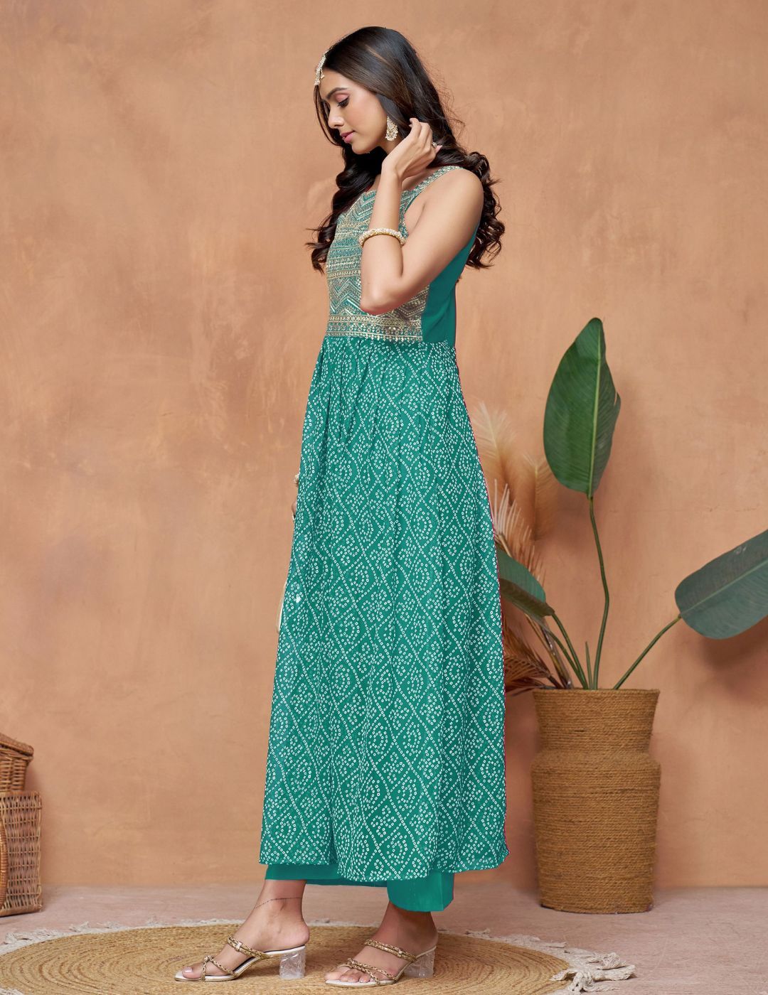 KALINI Georgette Bandhani Printed Square Neck Zari Work Embroidery Anarkali Kurta