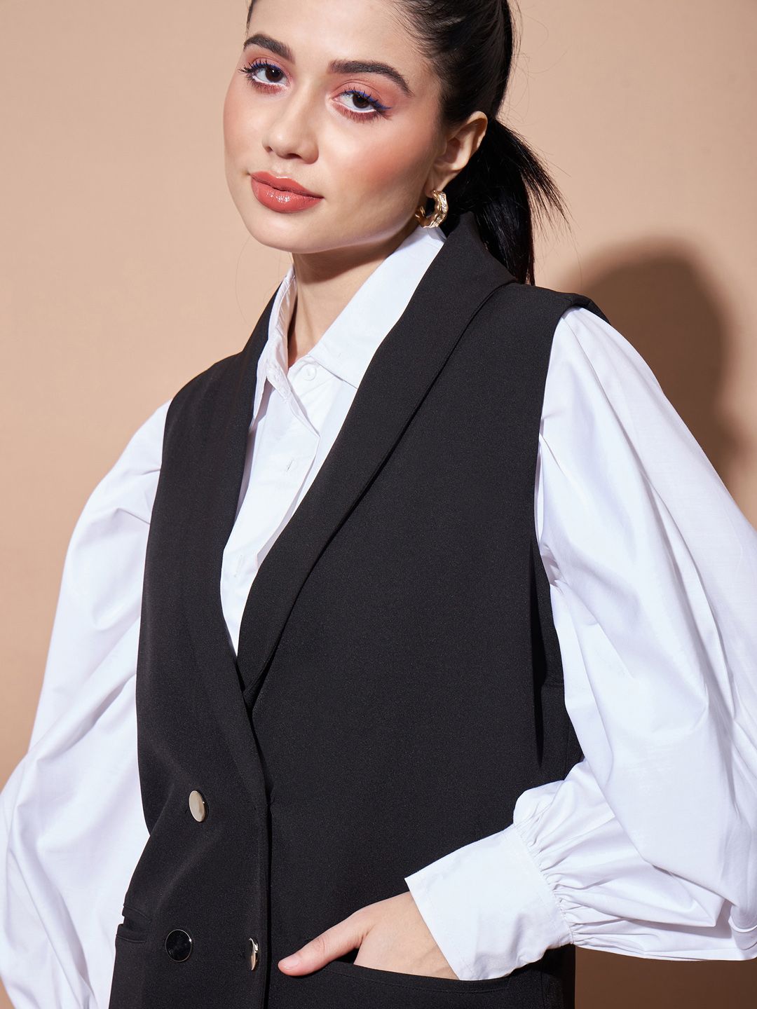 SASSAFRAS BASICS Comfort-Fit Shawl Collar Double-Breasted Longline Casual Blazer