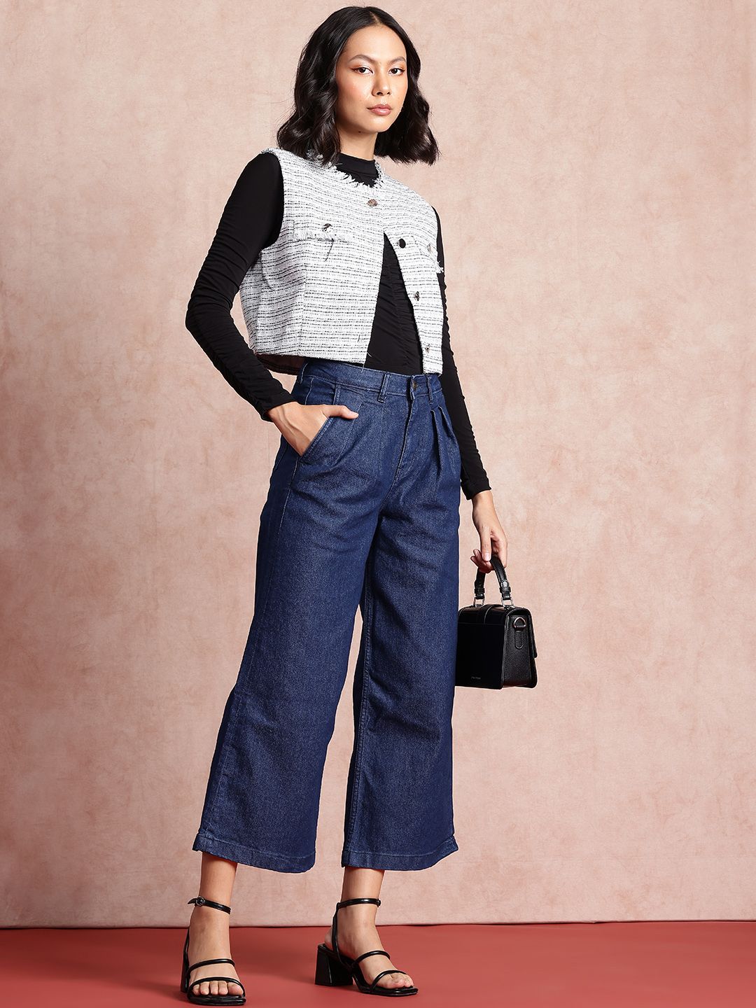 all about you Women Wide Leg Stretchable Pleated Cropped Jeans