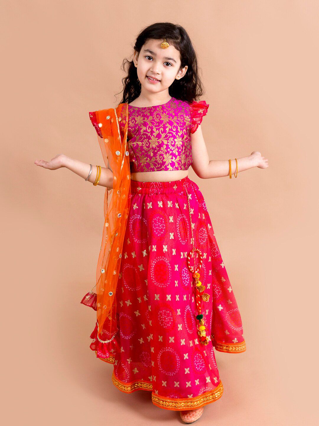 pspeaches Girls Pink & Orange Ready to Wear Lehenga & Blouse With Dupatta