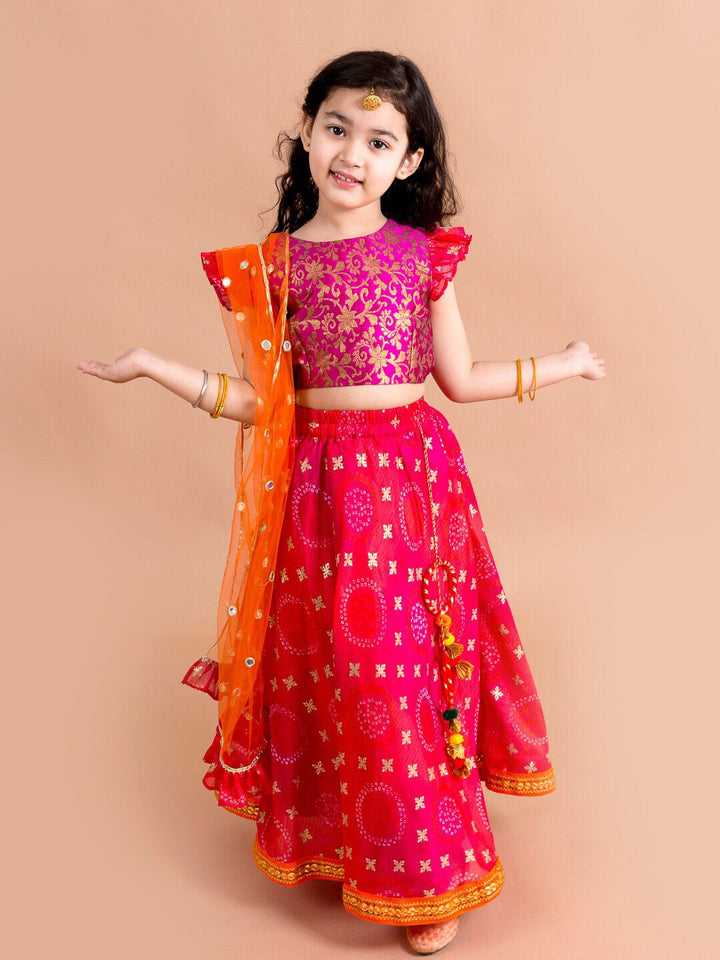 pspeaches Girls Pink & Orange Ready to Wear Lehenga & Blouse With Dupatta