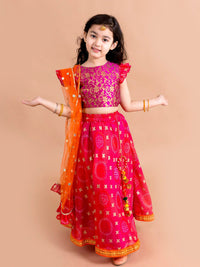 pspeaches Girls Pink & Orange Ready to Wear Lehenga & Blouse With Dupatta