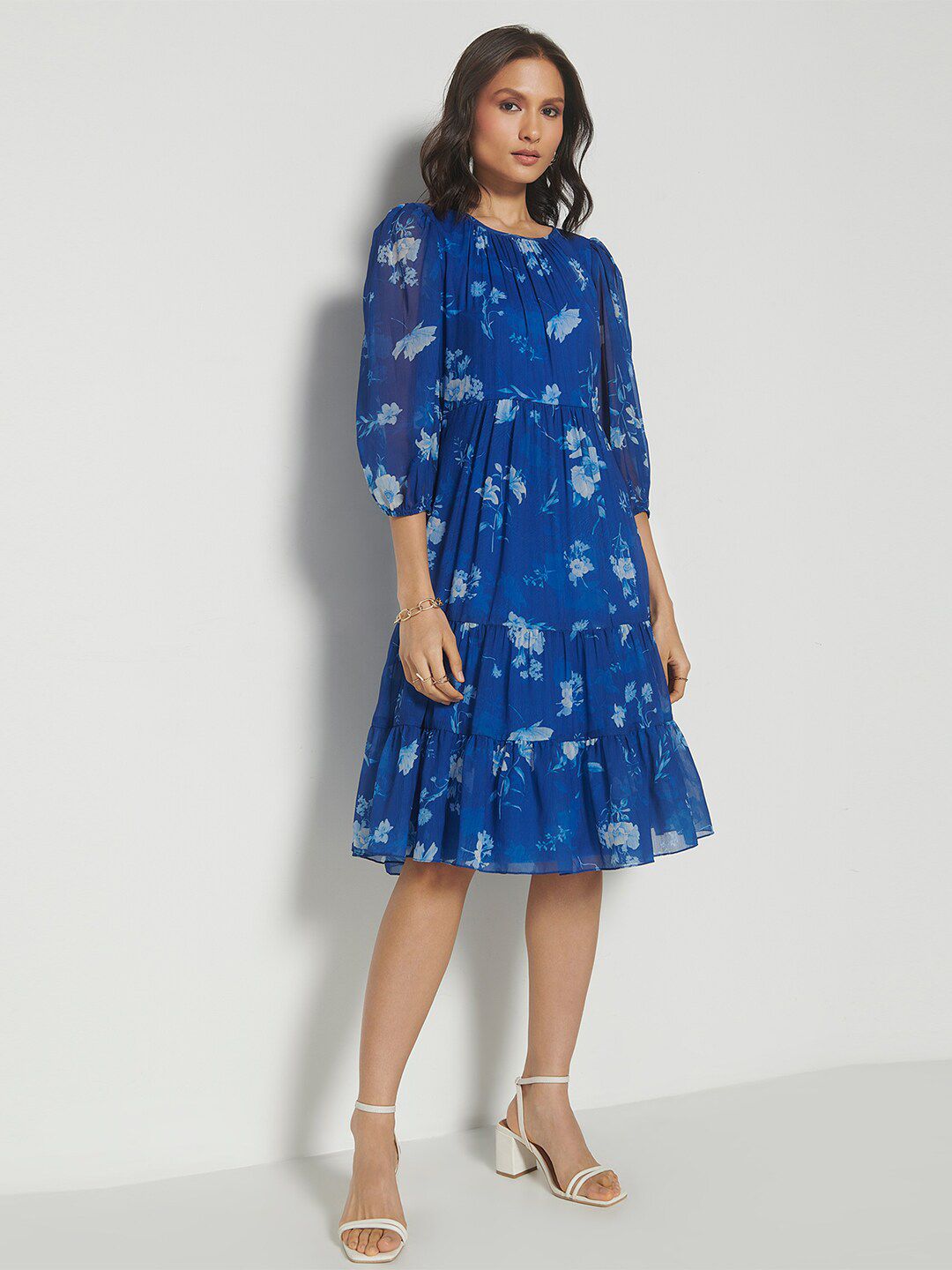 AND Floral Printed Puff Sleeves Gathered Detailed Fit & Flare Dress