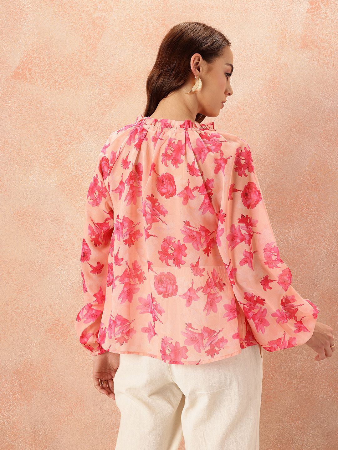 all about you Floral Print Tie-Up Neck Puff Sleeve Top