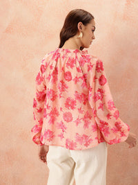 all about you Floral Print Tie-Up Neck Puff Sleeve Top