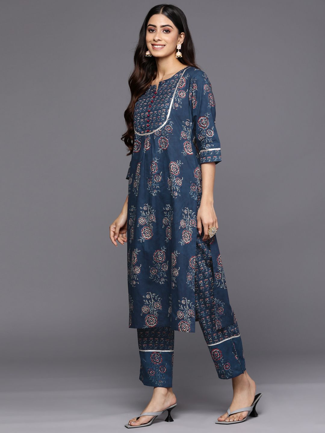 Libas Women Blue Floral Printed Gotta Patti Pure Cotton Kurta with Trousers