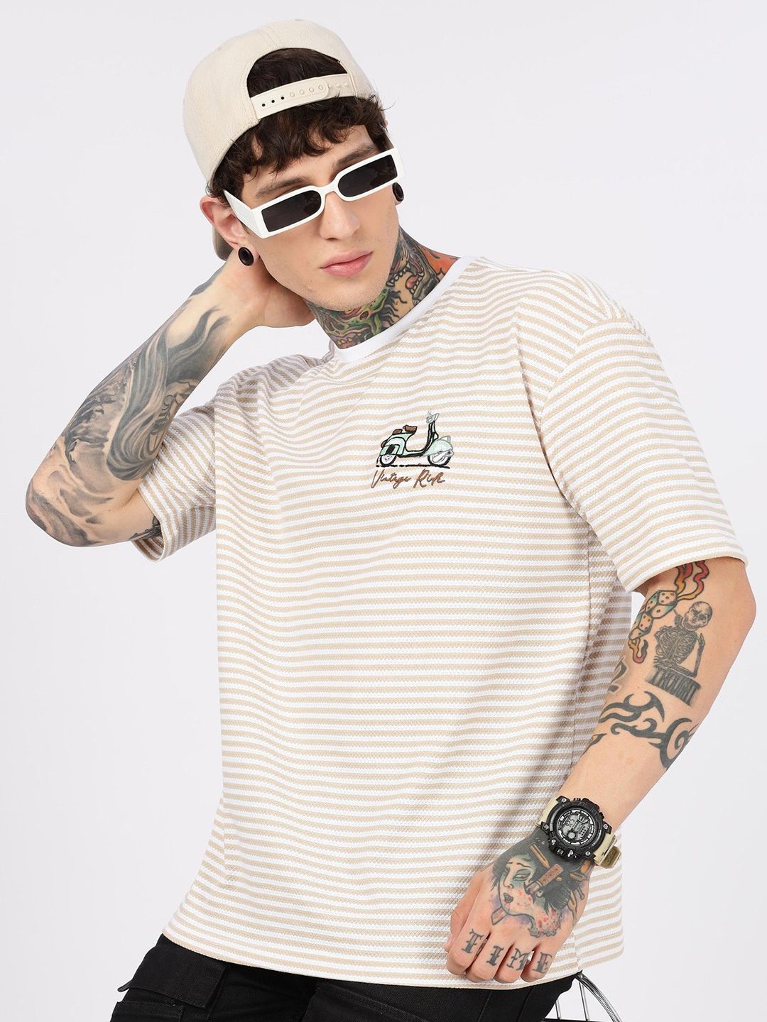 Eszett Drop Shoulder Vintage Ride Cream Striped Embroidered Cotton Round Neck Oversized Fit T-shirt