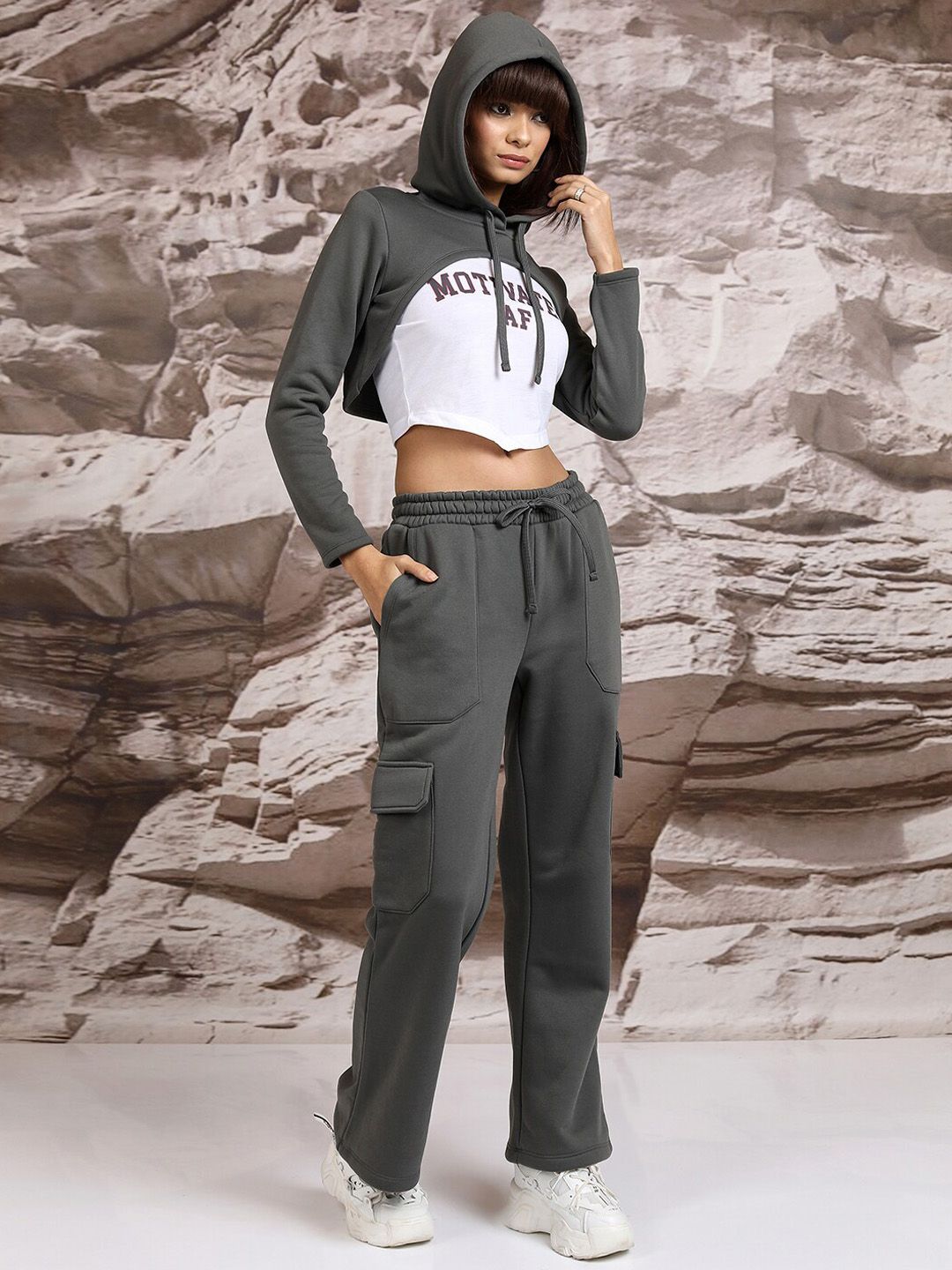Tokyo Talkies Hooded Crop Top With Sweatshirt & Wide Leg Trousers