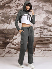 Tokyo Talkies Hooded Crop Top With Sweatshirt & Wide Leg Trousers