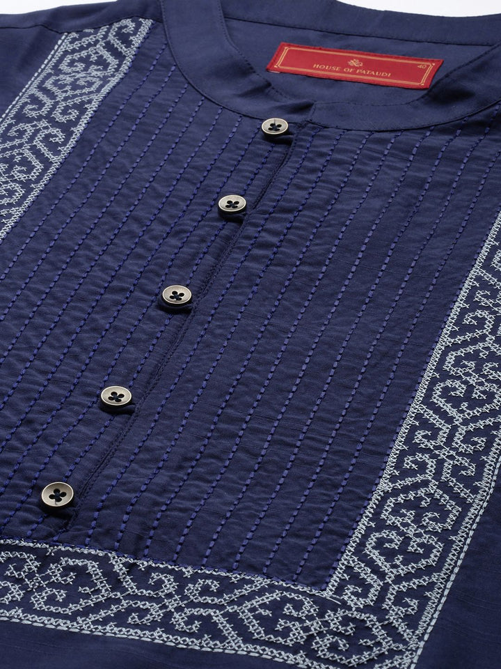 House of Pataudi Ethnic Motifs Yoke Design Mandarin Collar Thread Work Jashn Kurta