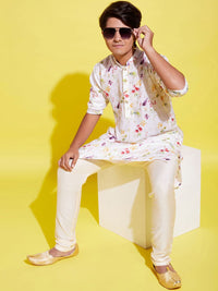 VASTRAMAY Boys Cream & Red Floral Printed Kurta with Pyjamas