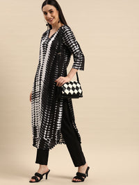 Anouk Women Black & White Tie n Dye V Neck Pure Cotton Kurta