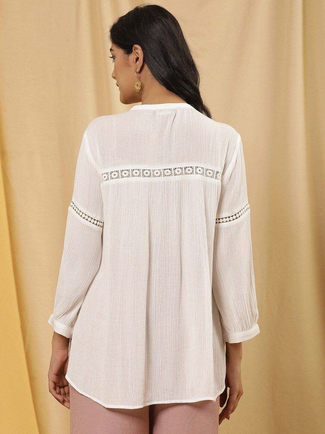 W Band Collar Cuffed Sleeves Shirt Style Top