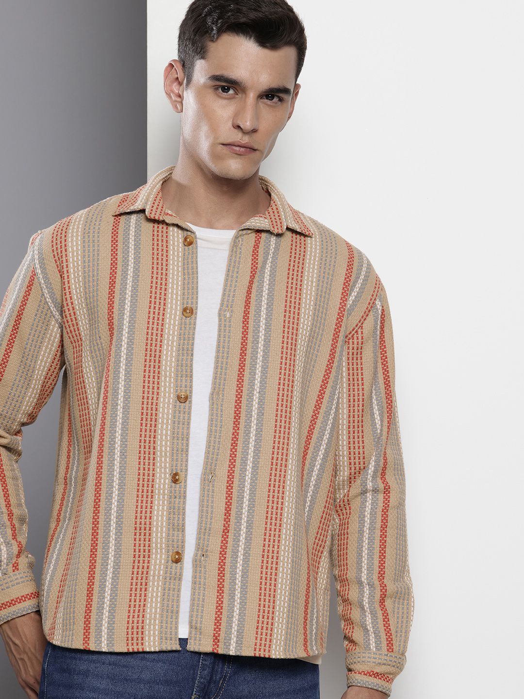 The Indian Garage Co Pure Cotton Striped Drop-Shoulder Sleeves Relaxed Casual Shirt