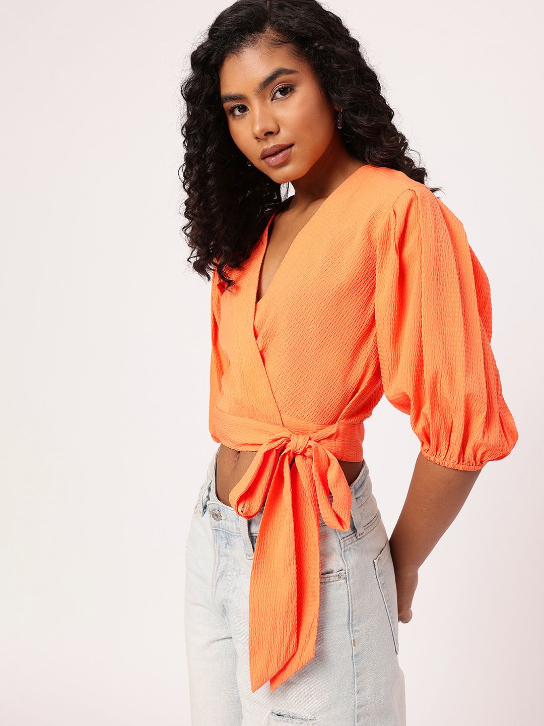 DressBerry Tied Up In Holiday Bliss Seersucker Crop Wrap Style Top