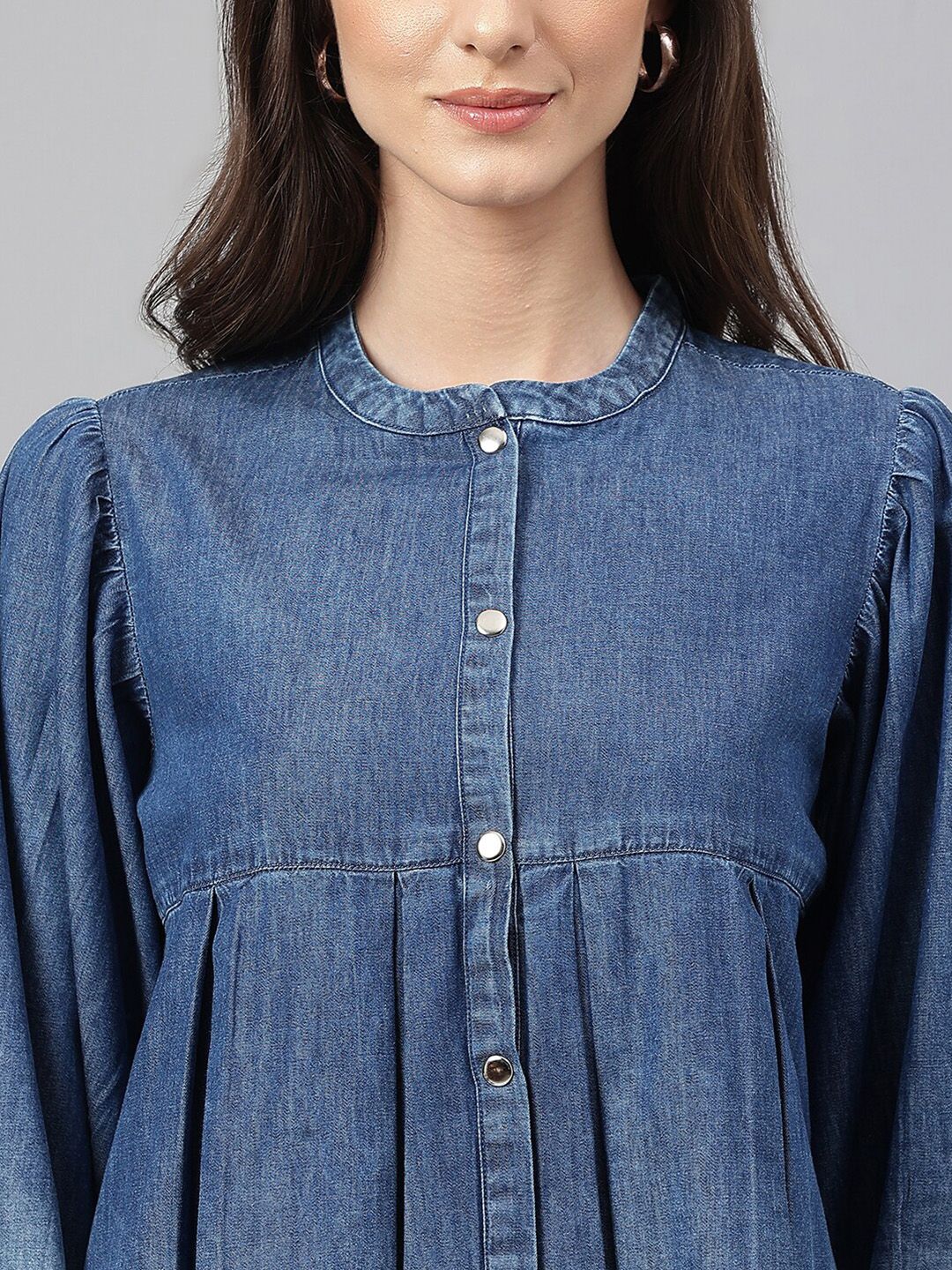 Janasya Women's Blue Denim Faded Flared Top