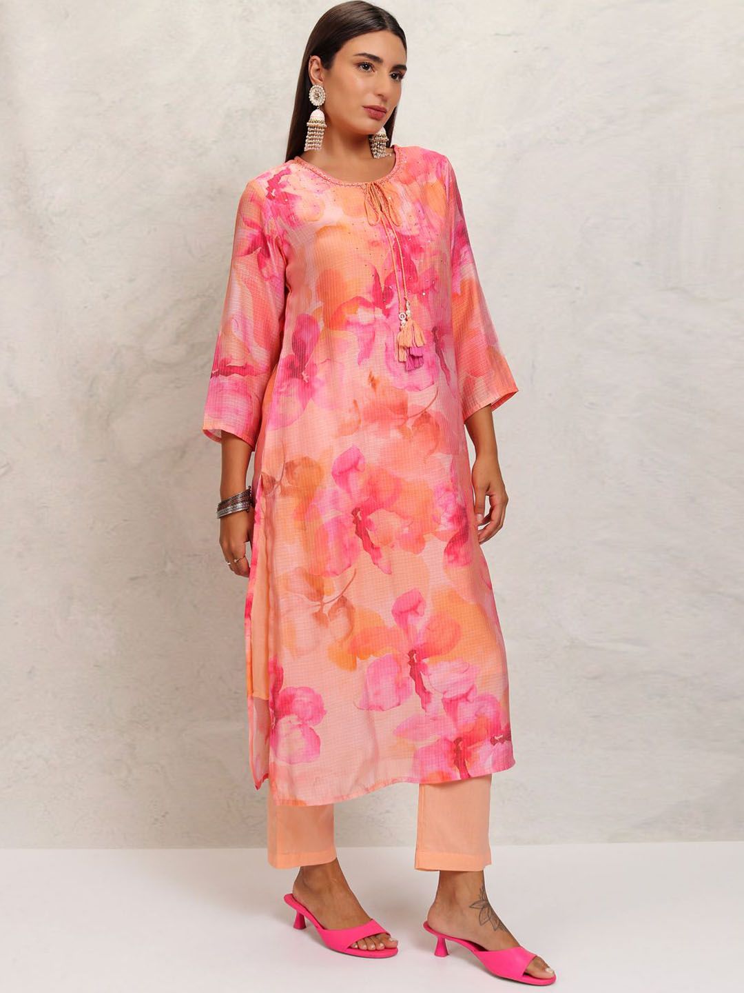 Vishudh Orange Printed Tie-Up Neck Pure Cotton Straight Kurta With Trousers & Dupatta