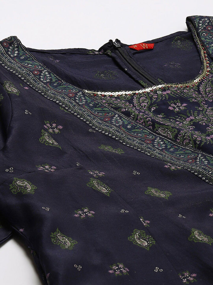 W Blue & Green Floral Embroidered Ethnic Maxi Dress