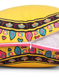STITCHNEST Yellow & Blue 2 Pieces Ethnic Motifs Printed Velvet Rectangle Cushion Covers