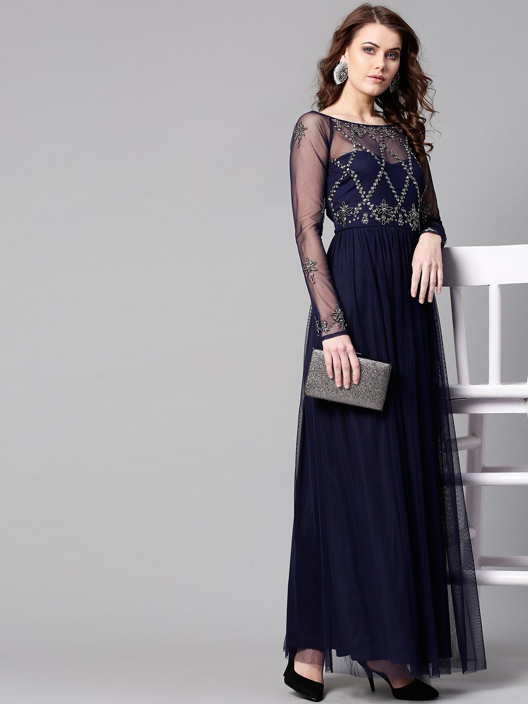 STREET 9 Women Navy Blue Embellished Detail Net Maxi Dress