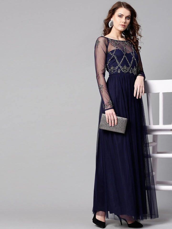STREET 9 Women Navy Blue Embellished Detail Net Maxi Dress
