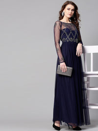 STREET 9 Women Navy Blue Embellished Detail Net Maxi Dress