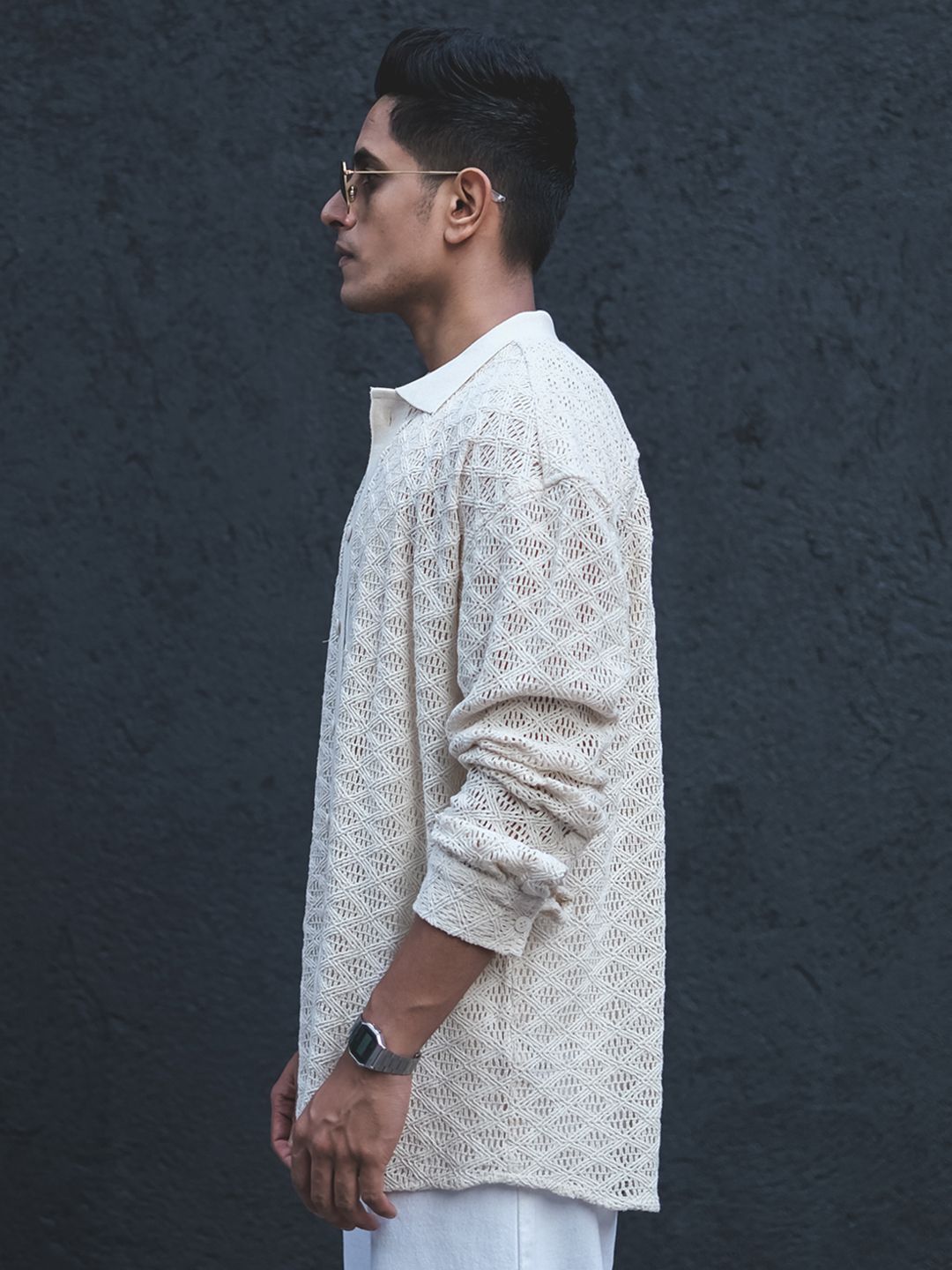 Powerlook White India Slim Oversized Geometric Self Design Crochet Semi Sheer Shirt