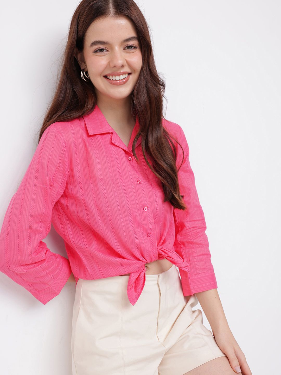 DressBerry Unapologetically Pink Self Striped Shirt