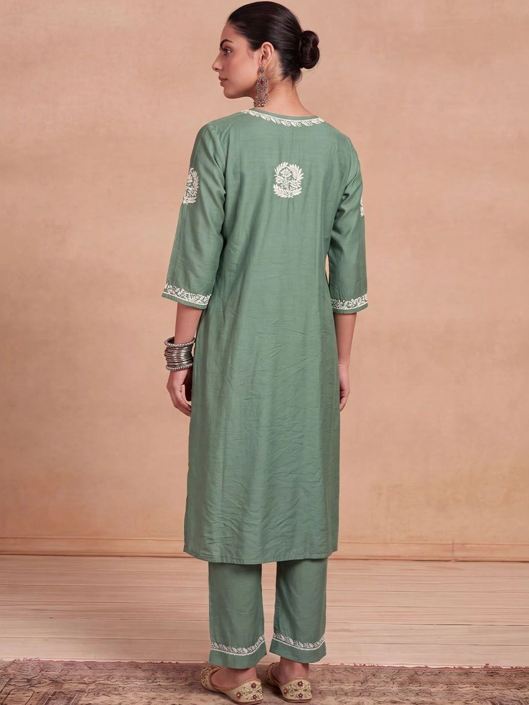 House of Chikankari Women Ethnic Motifs Embroidered Regular Thread Work Chanderi Silk Kurta with Trousers