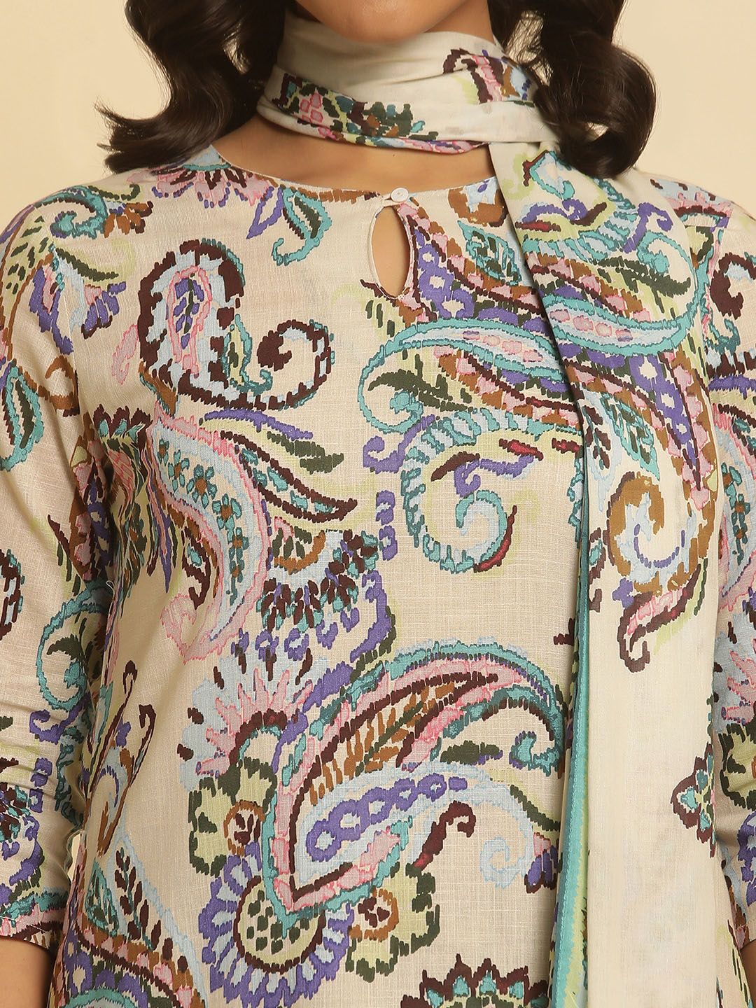 W Paisley Printed Keyhole Neck Pure Cotton Straight Kurta with Trouser & Dupatta