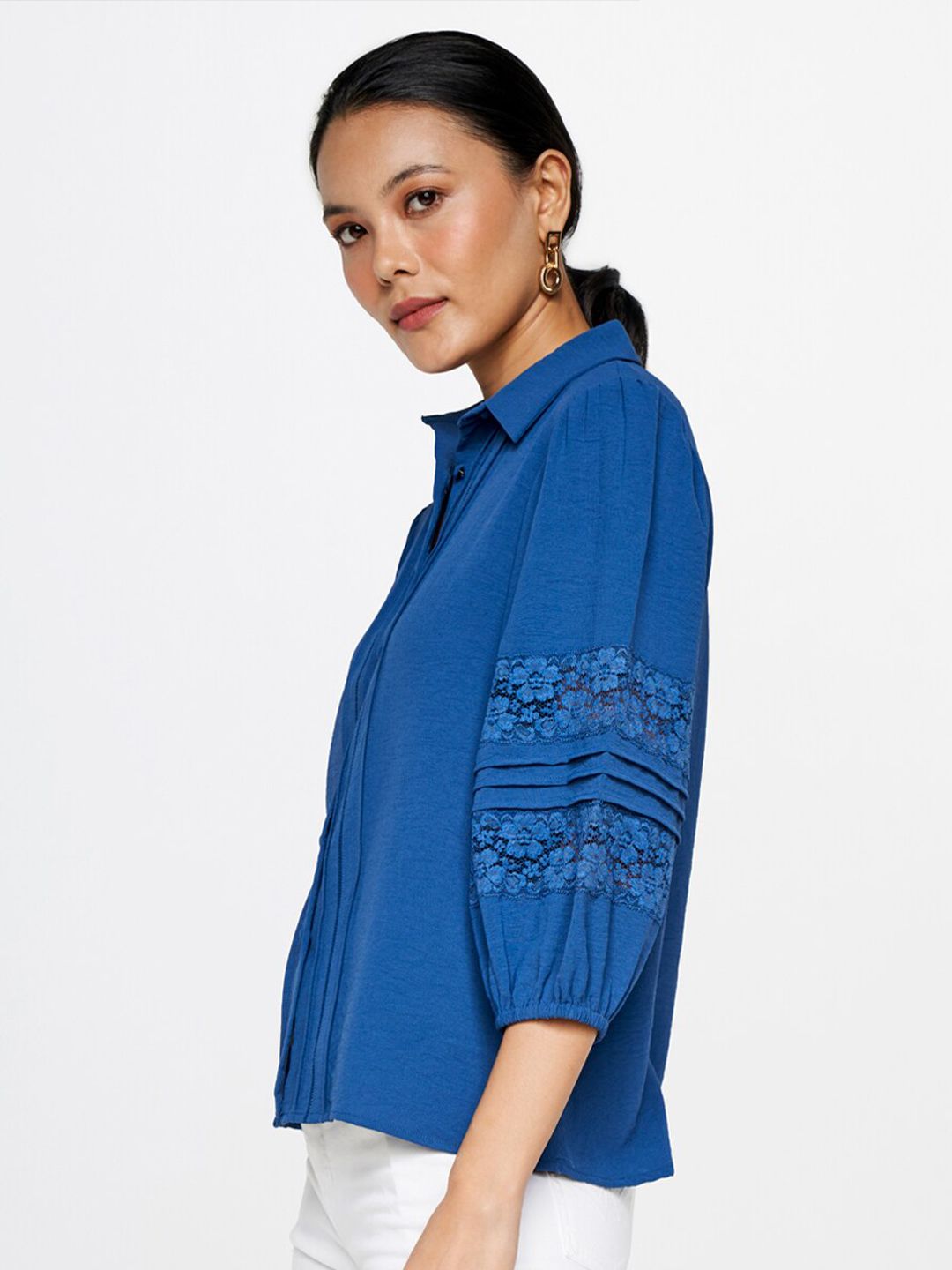 AND Self Design Puff Sleeves Shirt Style Top
