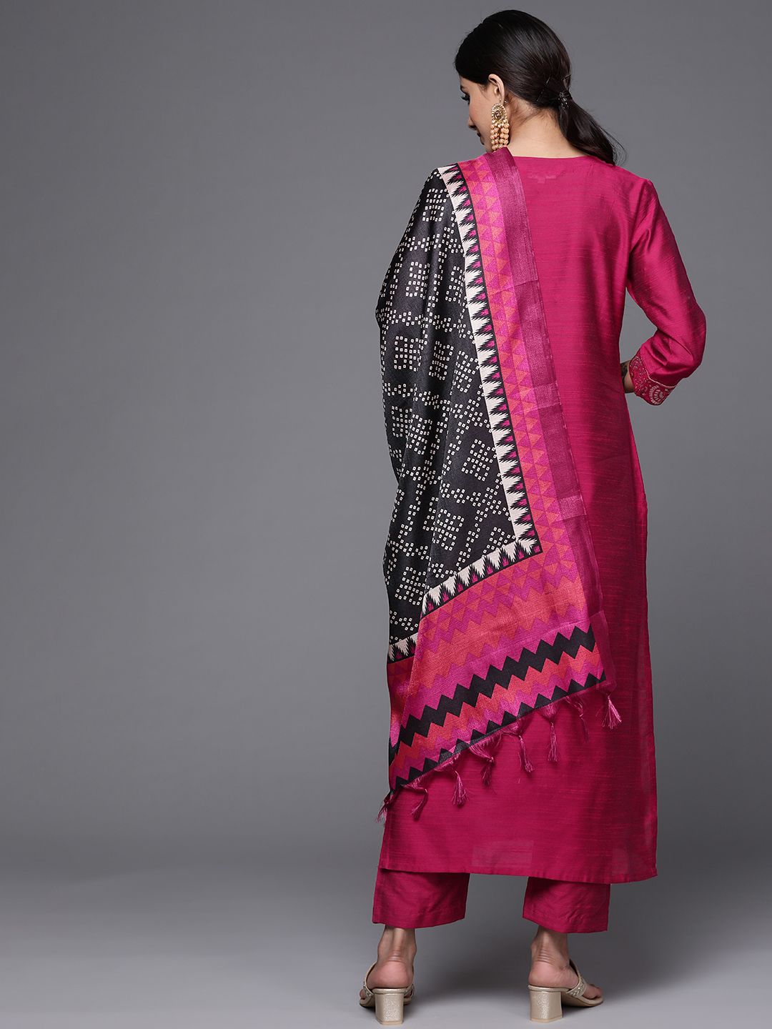 Varanga Brocade Yoke with Gota Detail Kurta with Trouser with Bandhani Printed Dupatta