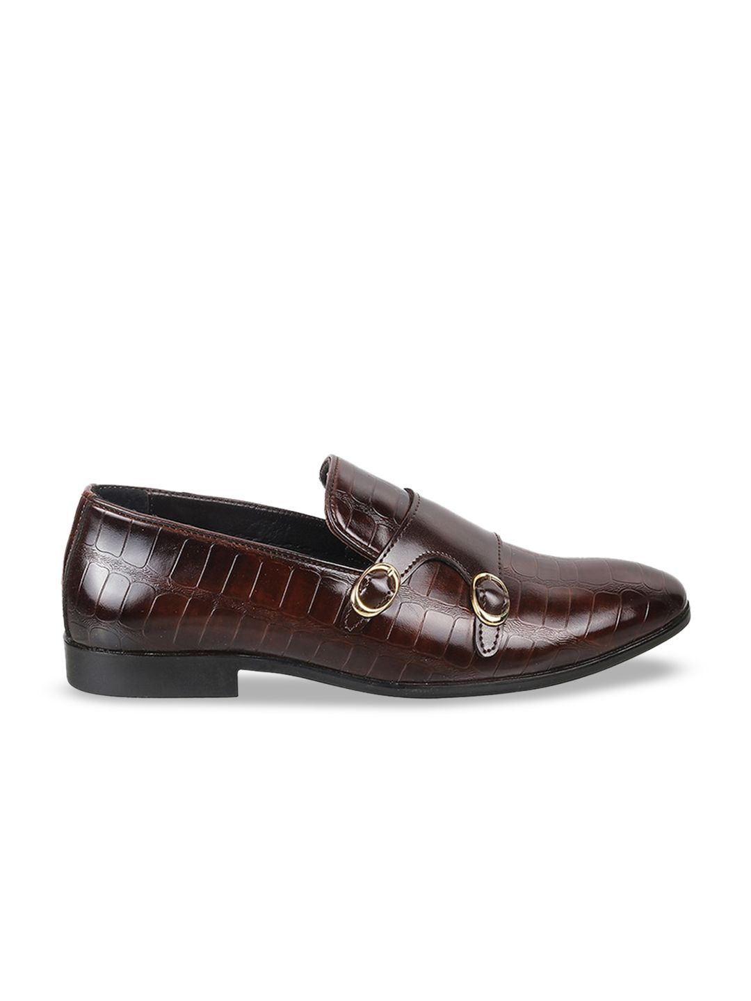 Mochi Men Textured Leather Formal Monk Shoes With Buckle Detail