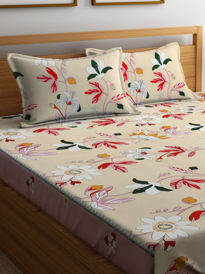 KLOTTHE Beige Floral Cotton 300 TC King Fine Bedsheet with 2 Pillow Covers-96 x 89 inches