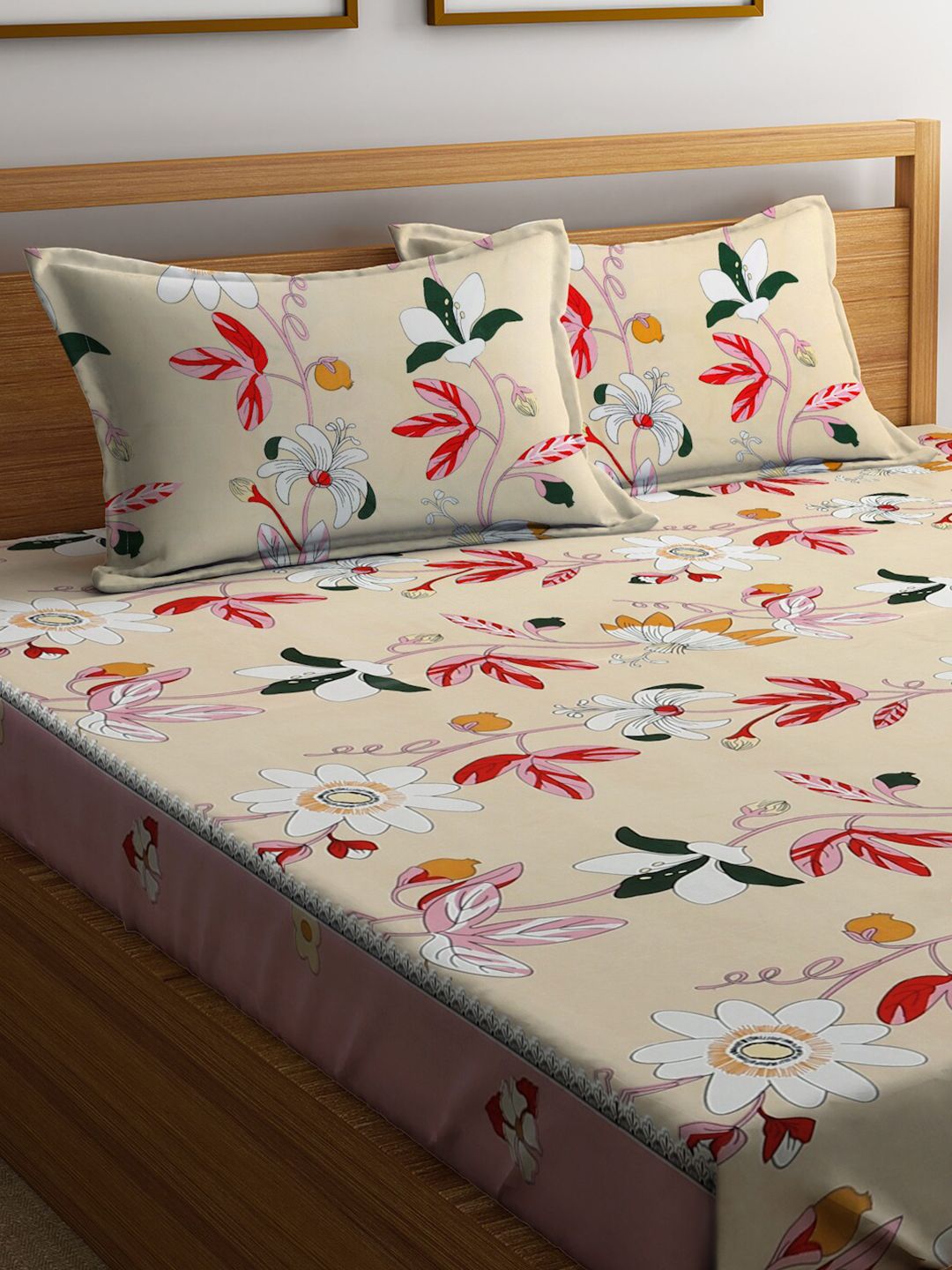 KLOTTHE Beige Floral Cotton 300 TC King Fine Bedsheet with 2 Pillow Covers-96 x 89 inches