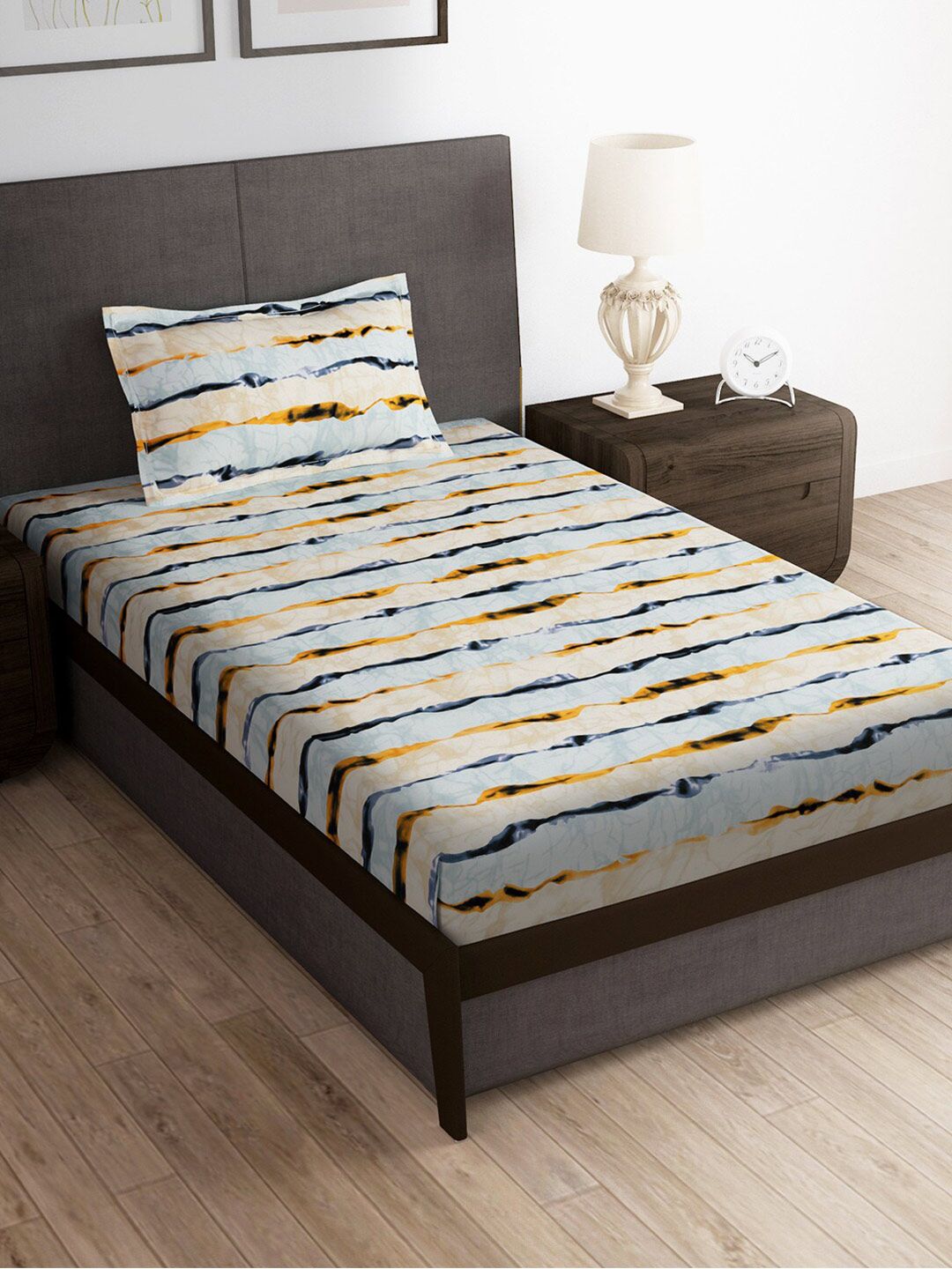 Story@home Cream-Coloured & Orange 180 TC Single Bedsheet with 1 Pillow Covers