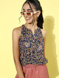 DressBerry Women Deep Navy Blue Floral Paisley Top