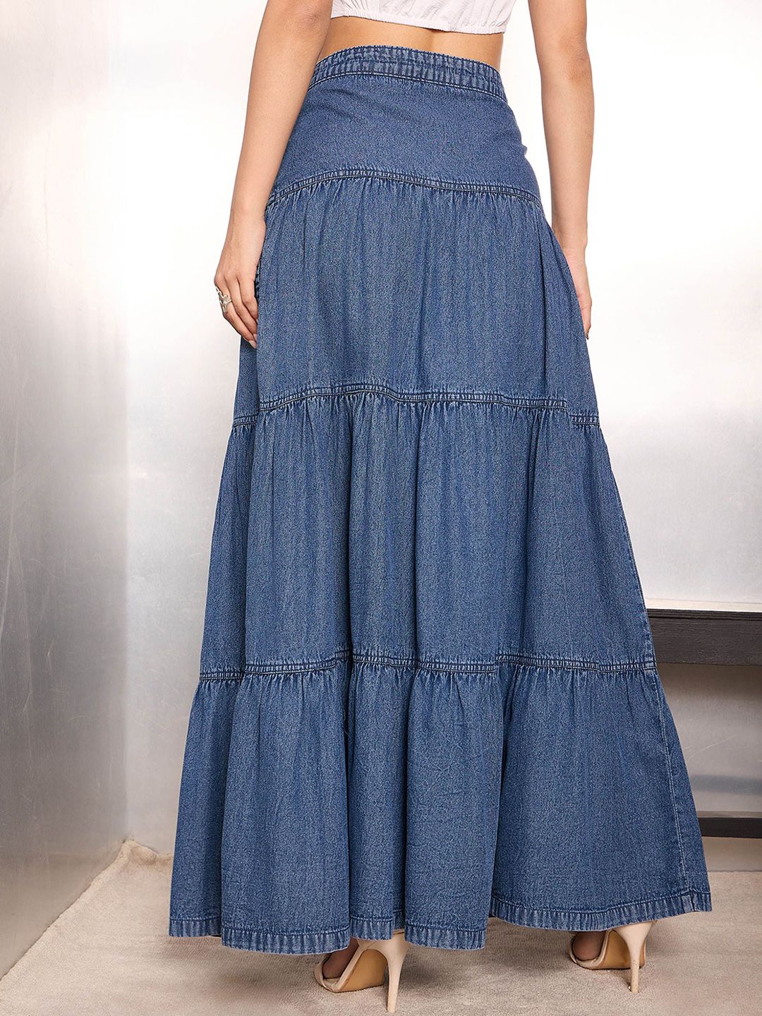 SASSAFRAS Women Denim Tiered Maxi Skirt