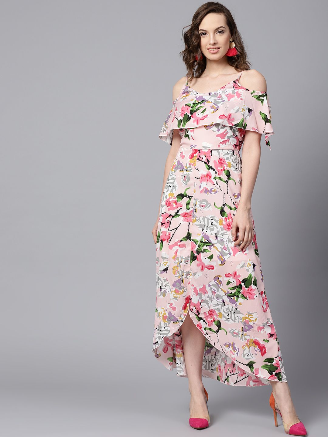 SASSAFRAS Pink Floral Printed Layered High-Low Maxi Dress