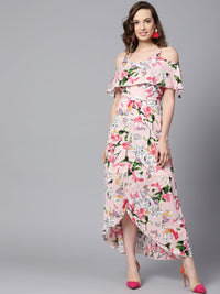 SASSAFRAS Pink Floral Printed Layered High-Low Maxi Dress
