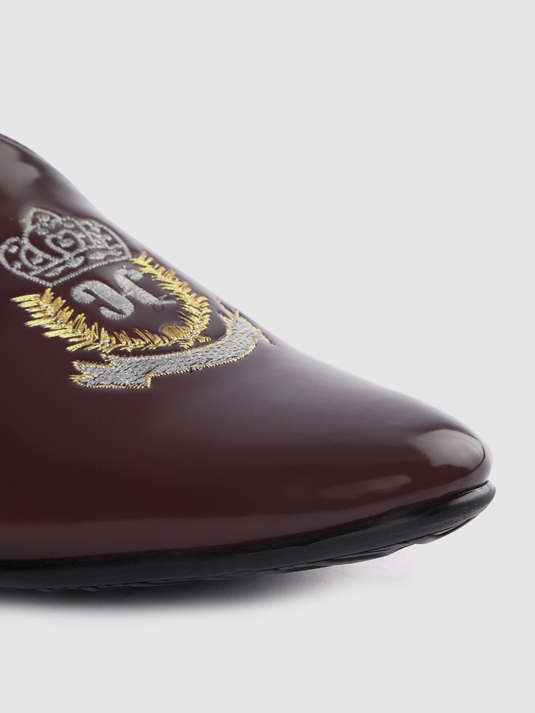 House of Pataudi Men Burgundy Solid Mojaris with Embroidered Detail