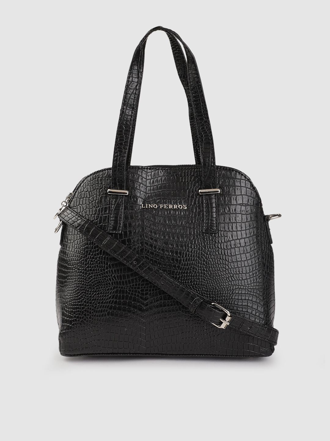 Lino Perros Black Snakeskin Textured Structured Handheld Bag