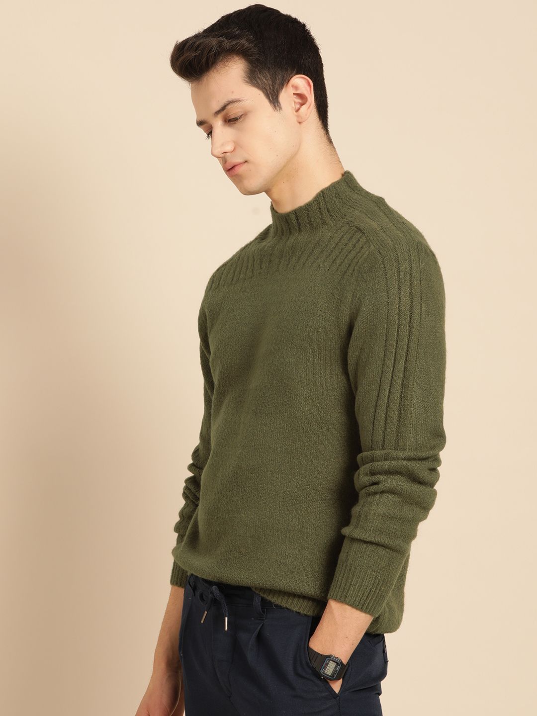 Mr Bowerbird Men Olive Green Solid Pullover