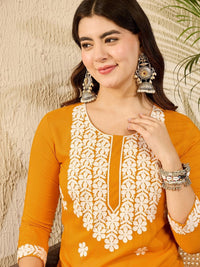 KALINI Floral Embroidered Round Neck Thread Work Straight Kurta