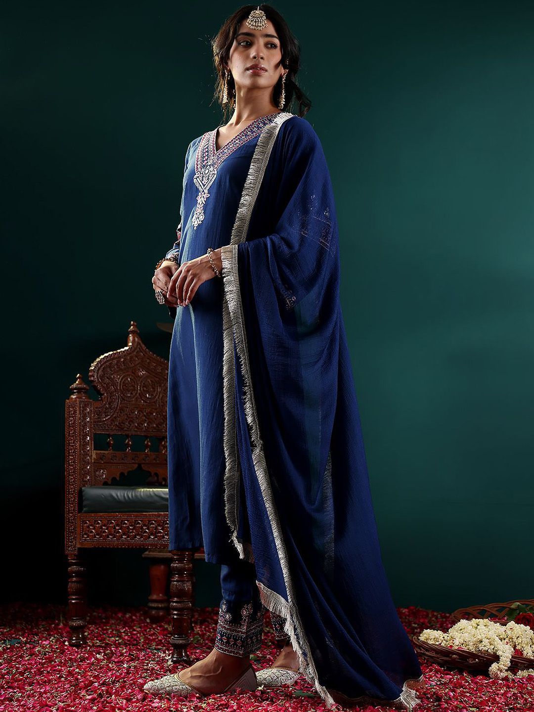 Varanga Women Ethnic Motifs Embroidered Kurta with Embroidered Trousers & With Dupatta