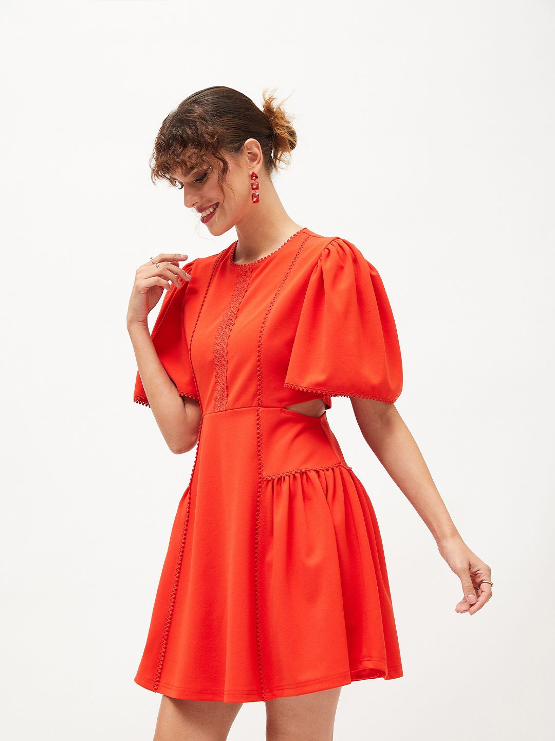 SASSAFRAS Flared Sleeves Lace Inserts And Cut Outs Detail Fit & Flare Dress