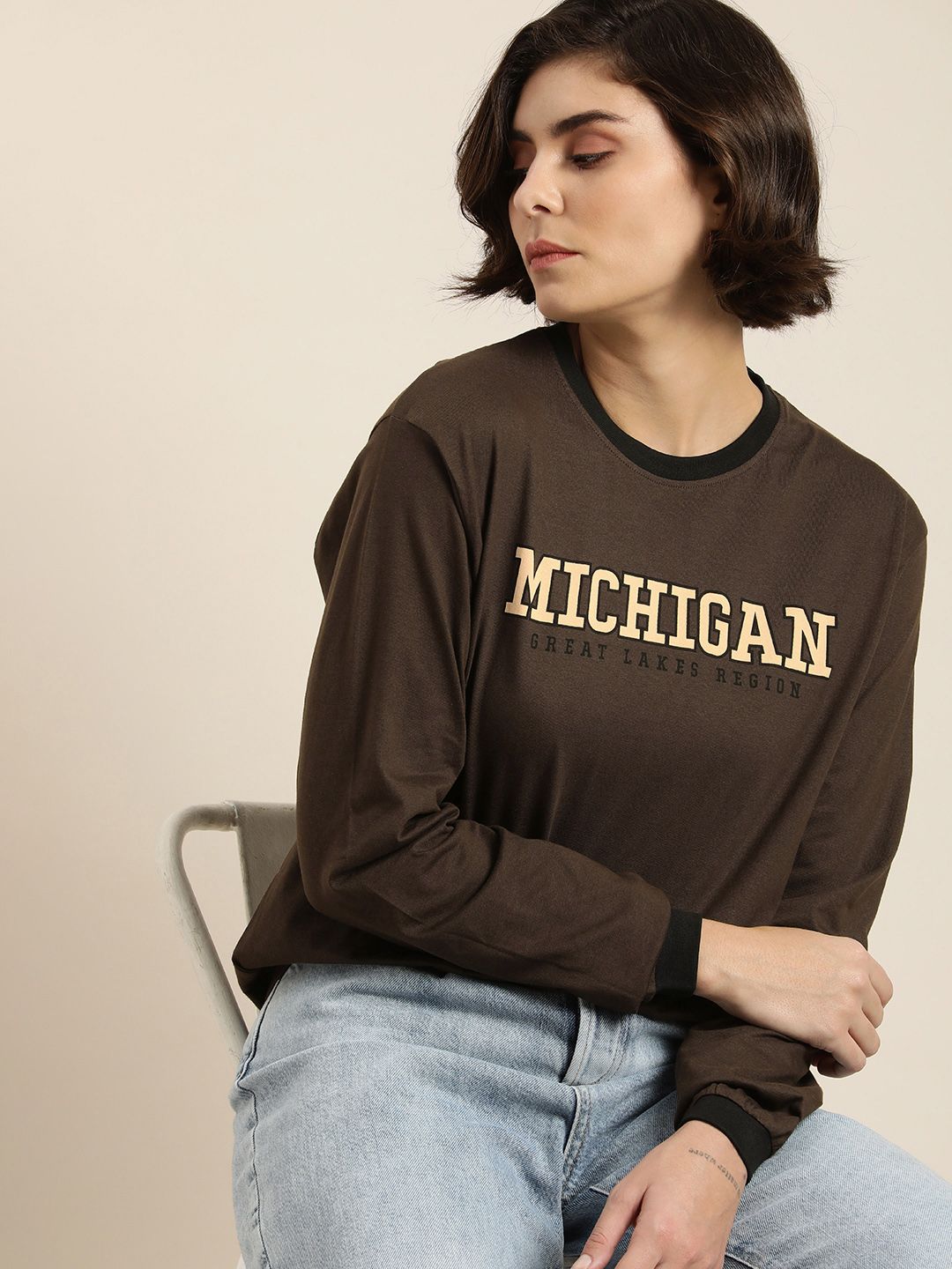 DILLINGER Women Coffee Brown Typography Printed Pure Cotton Loose T-shirt
